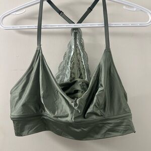 Aerie Olive Satin Bralette with Lace Detail